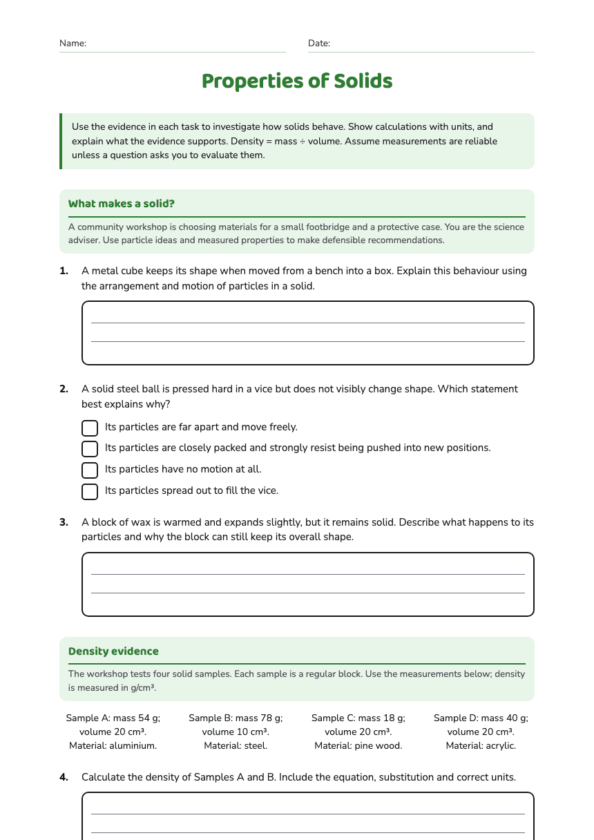 Properties of Solids worksheet preview