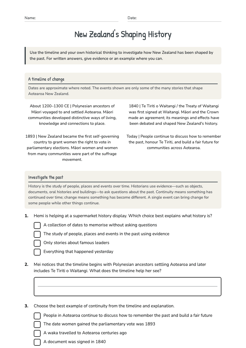 New Zealand's Shaping History worksheet preview