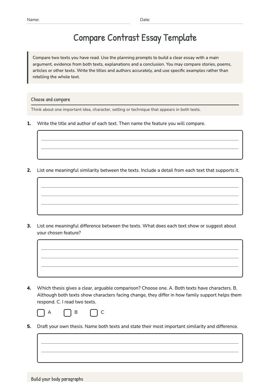 Compare Contrast Essay Template worksheet preview