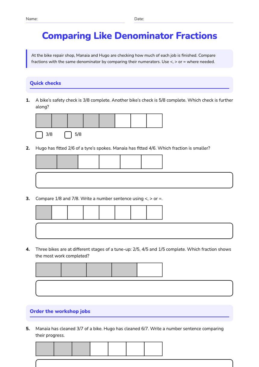 Comparing Like Denominator Fractions worksheet preview