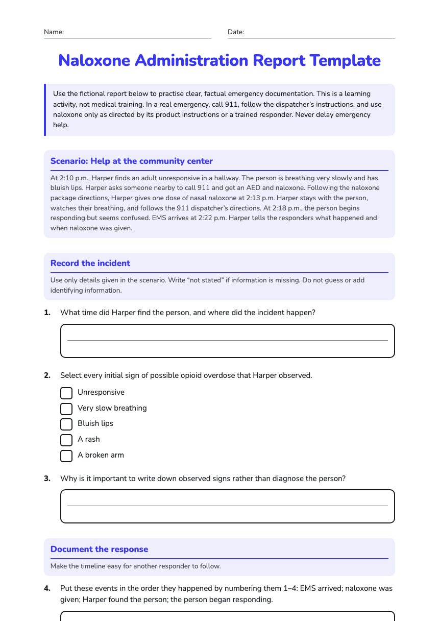 Naloxone Administration Report Template worksheet preview