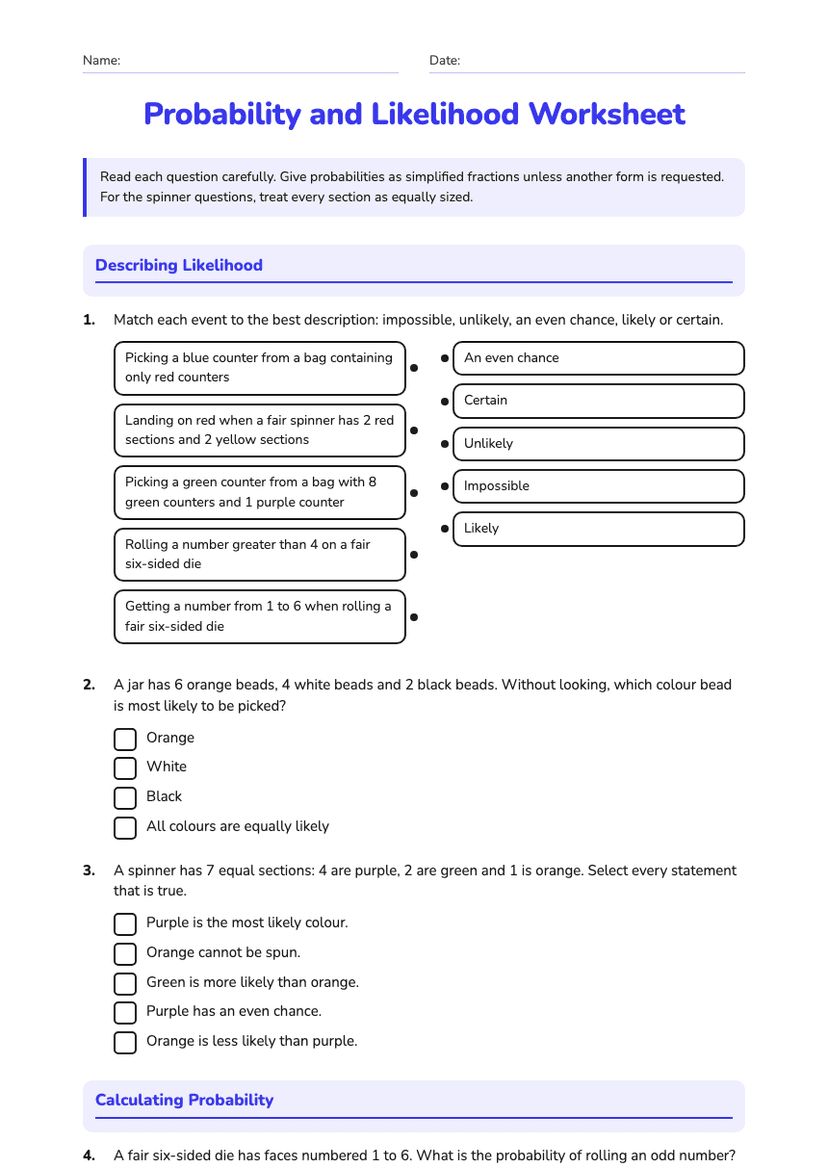Probability and Likelihood Worksheet