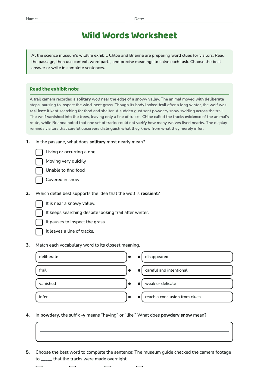 Wild Words Worksheet worksheet preview