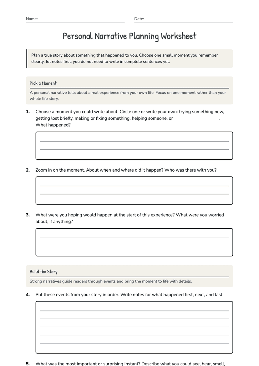 Personal Narrative Planning Worksheet