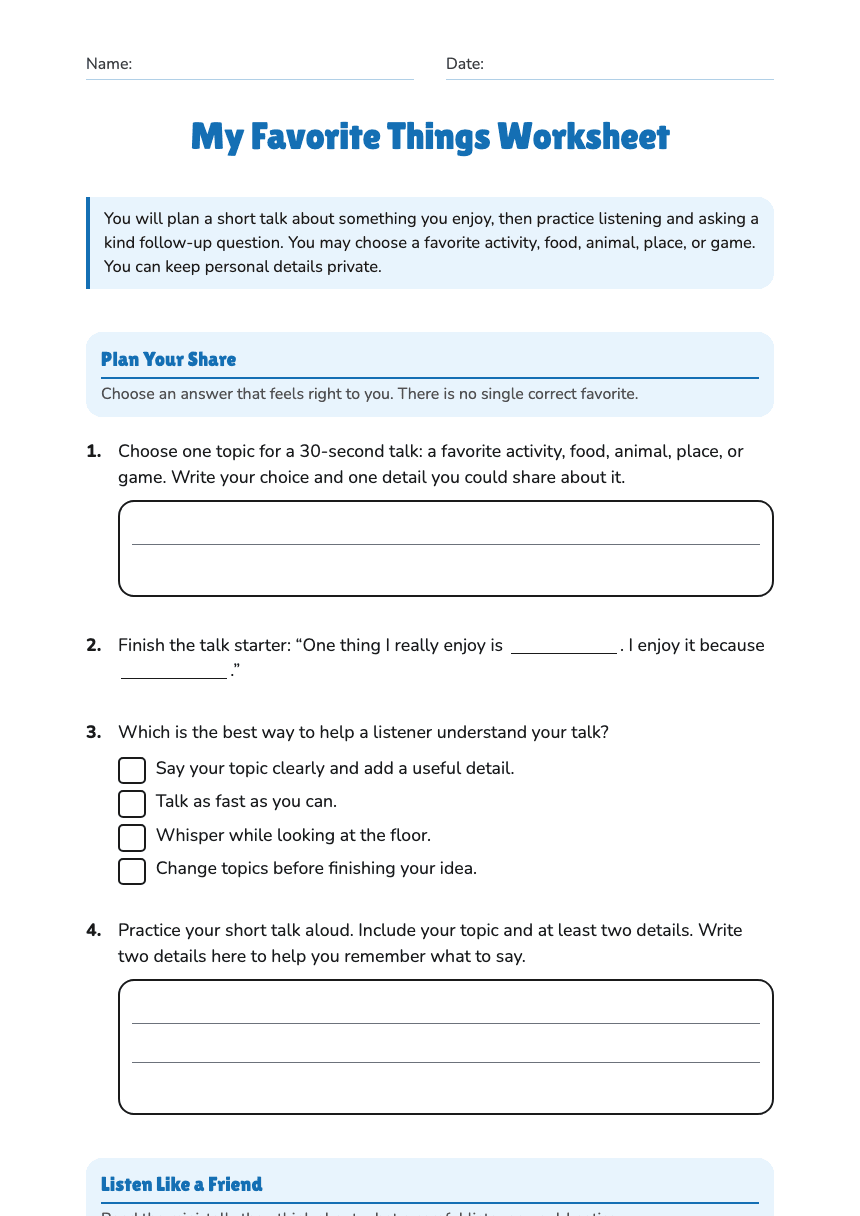 My Favorite Things Worksheet worksheet preview