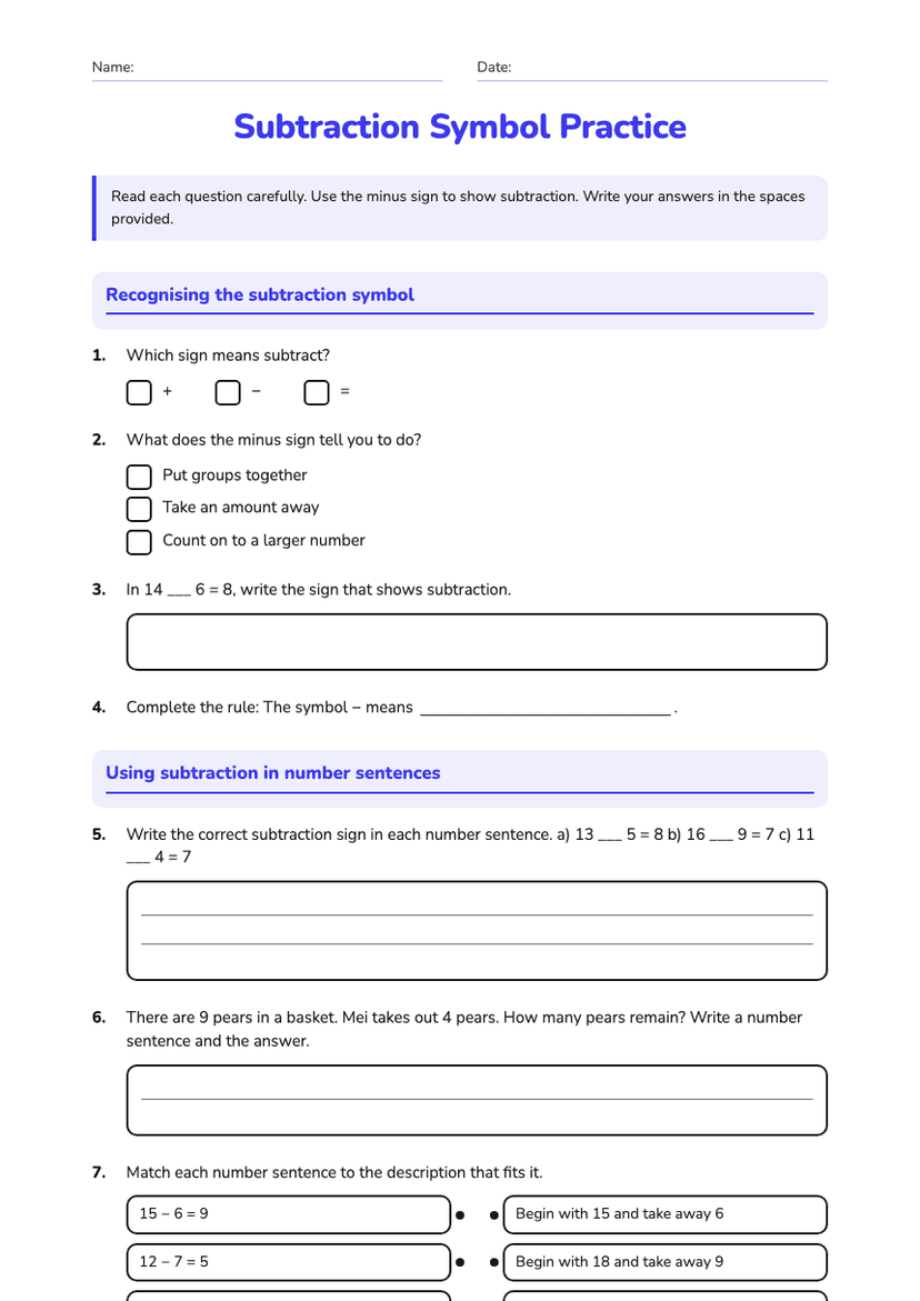 Subtraction Symbol Practice