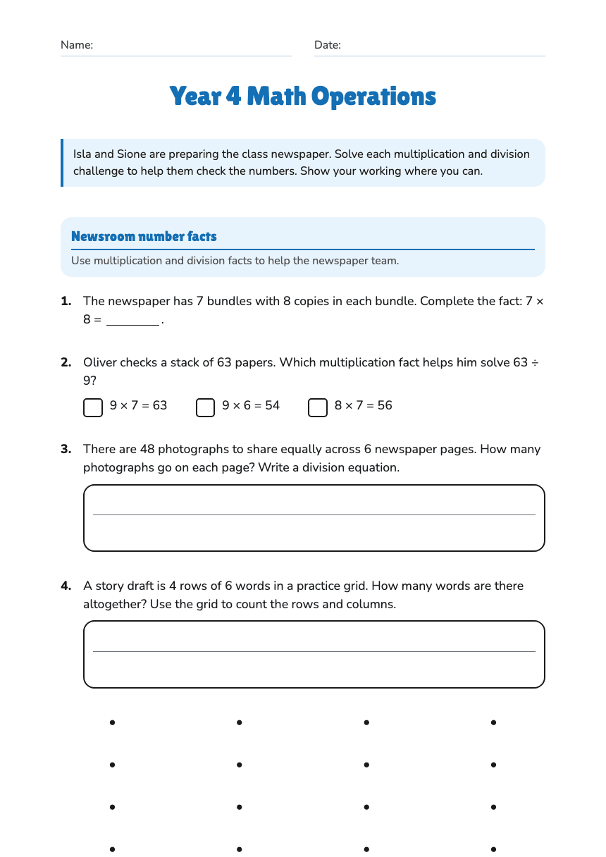 Year 4 Math Operations worksheet preview