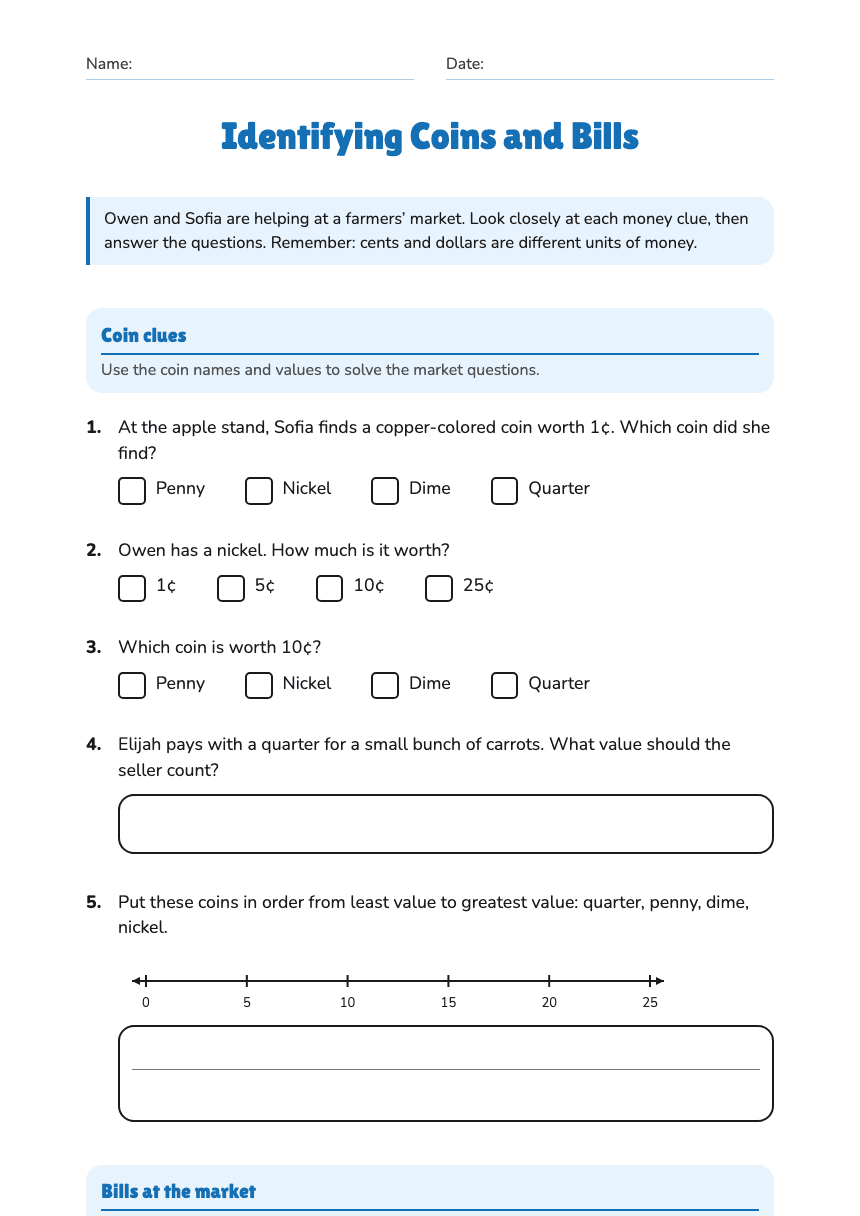 Identifying Coins and Bills worksheet preview