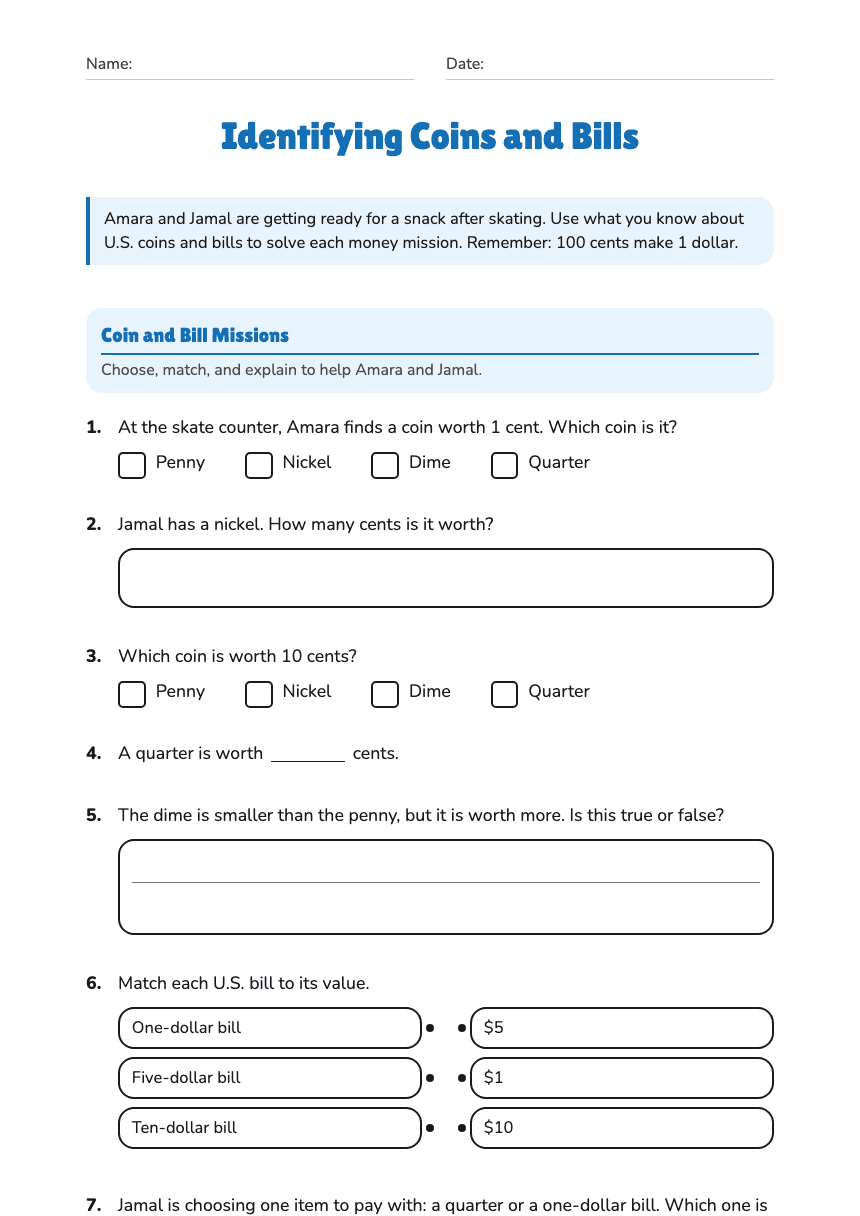 Identifying Coins and Bills worksheet preview