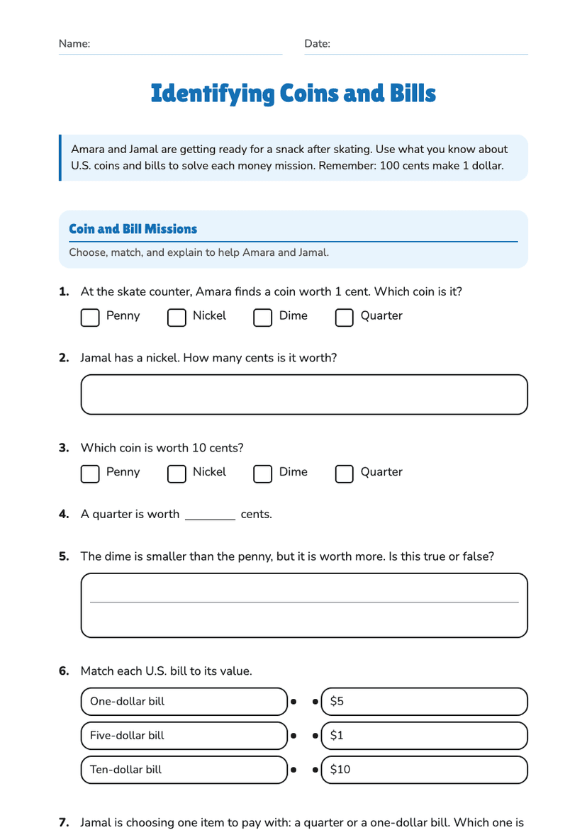 Identifying Coins and Bills
