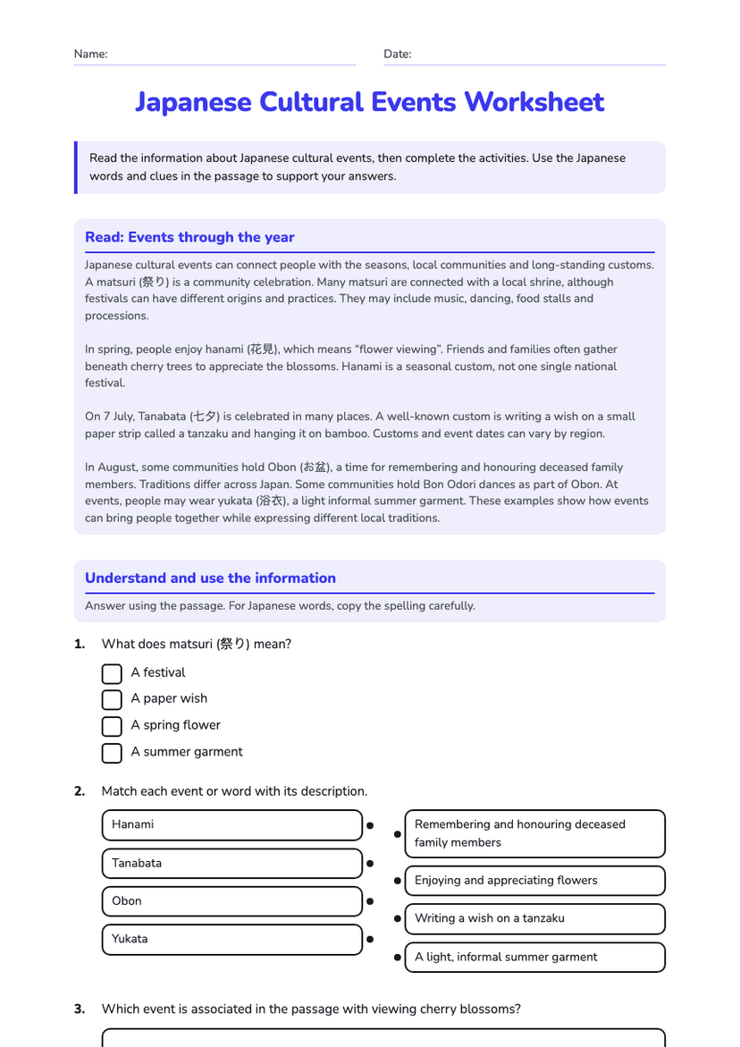 Japanese Cultural Events Worksheet