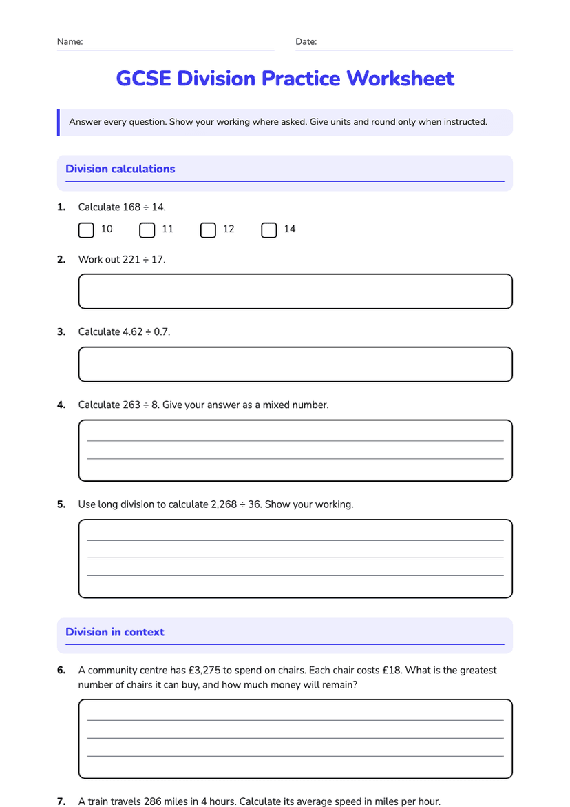 GCSE Division Practice Worksheet