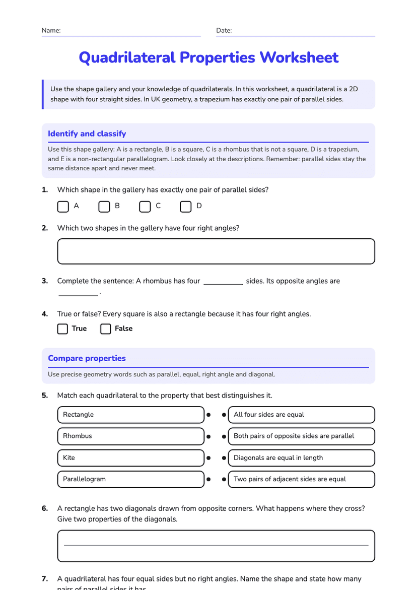 Quadrilateral Properties Worksheet