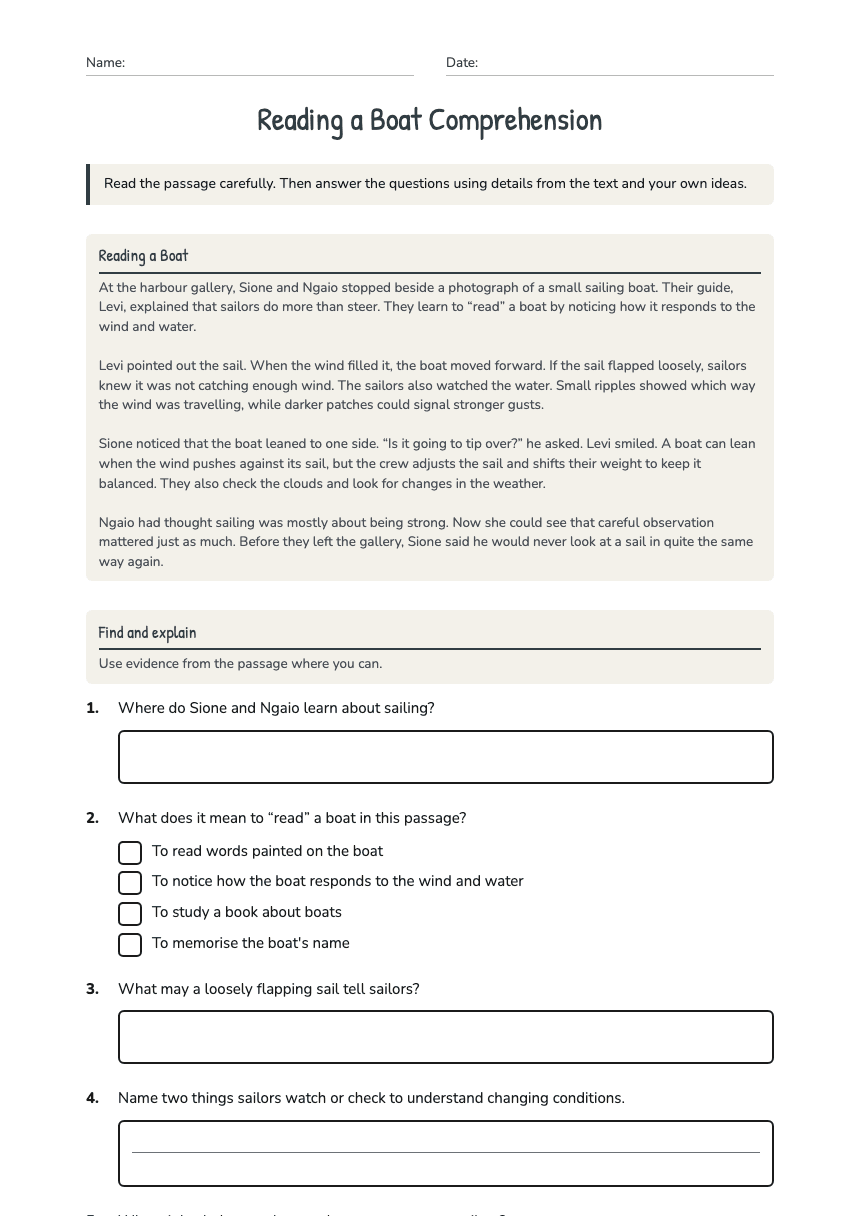 Reading a Boat Comprehension worksheet preview
