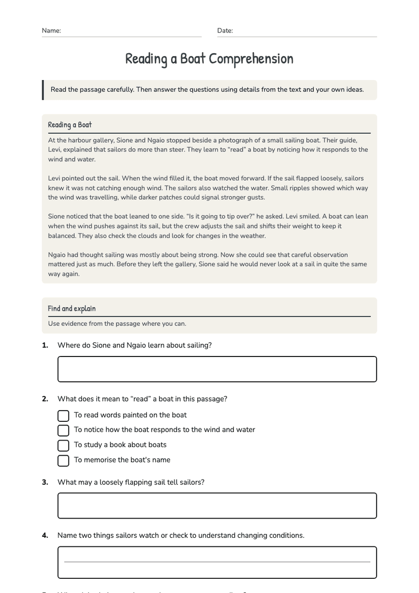 Reading a Boat Comprehension