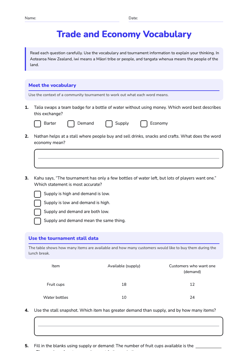 Trade and Economy Vocabulary worksheet preview