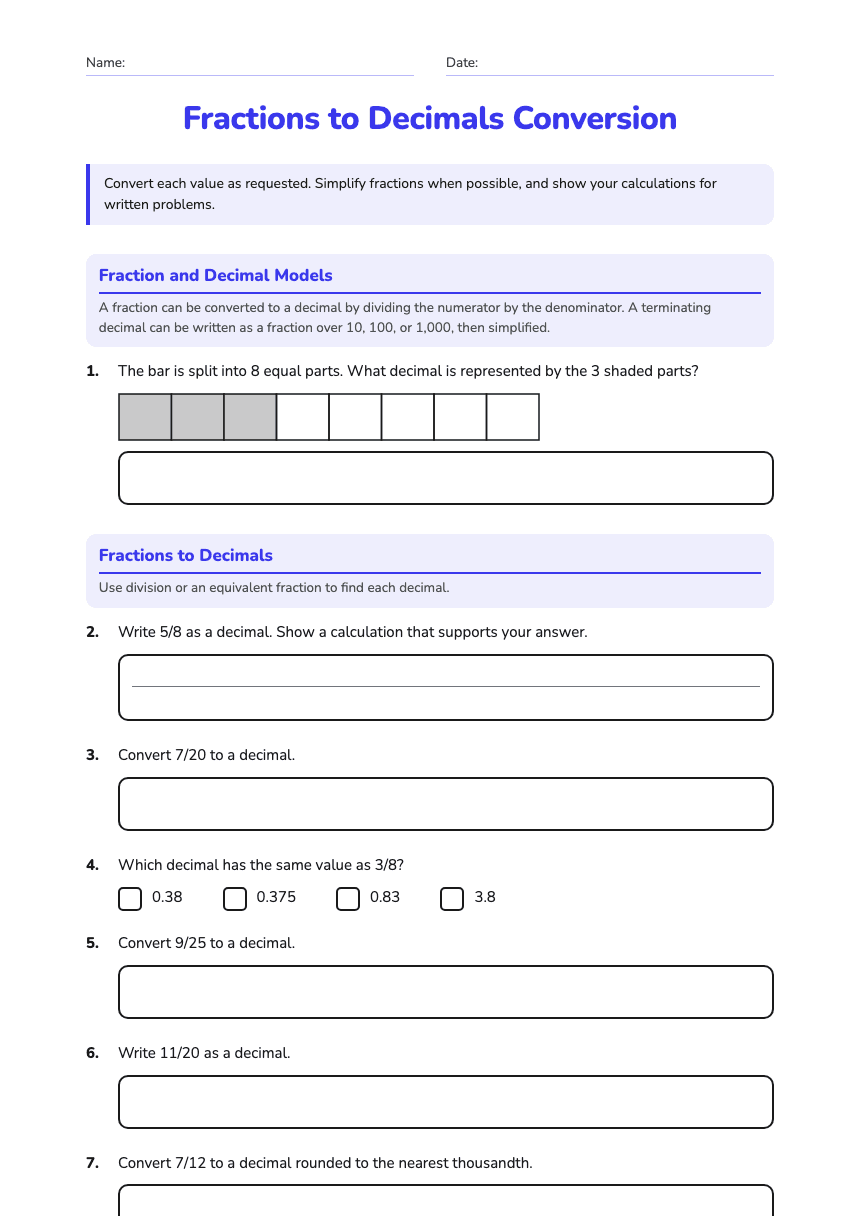 Fractions to Decimals Conversion worksheet preview