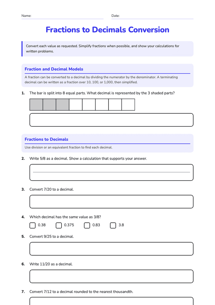 Fractions to Decimals Conversion