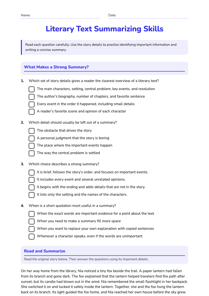 Literary Text Summarizing Skills worksheet preview