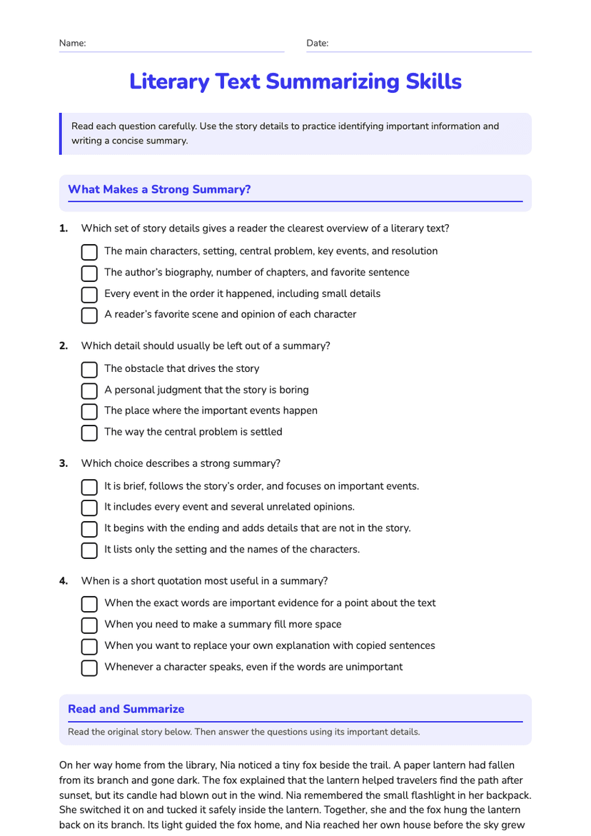 Literary Text Summarizing Skills