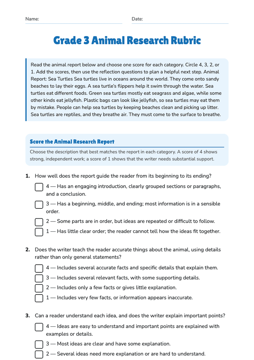 Grade 3 Animal Research Rubric