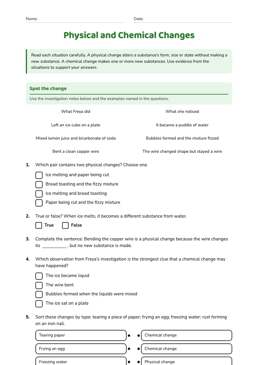 Physical and Chemical Changes worksheet preview