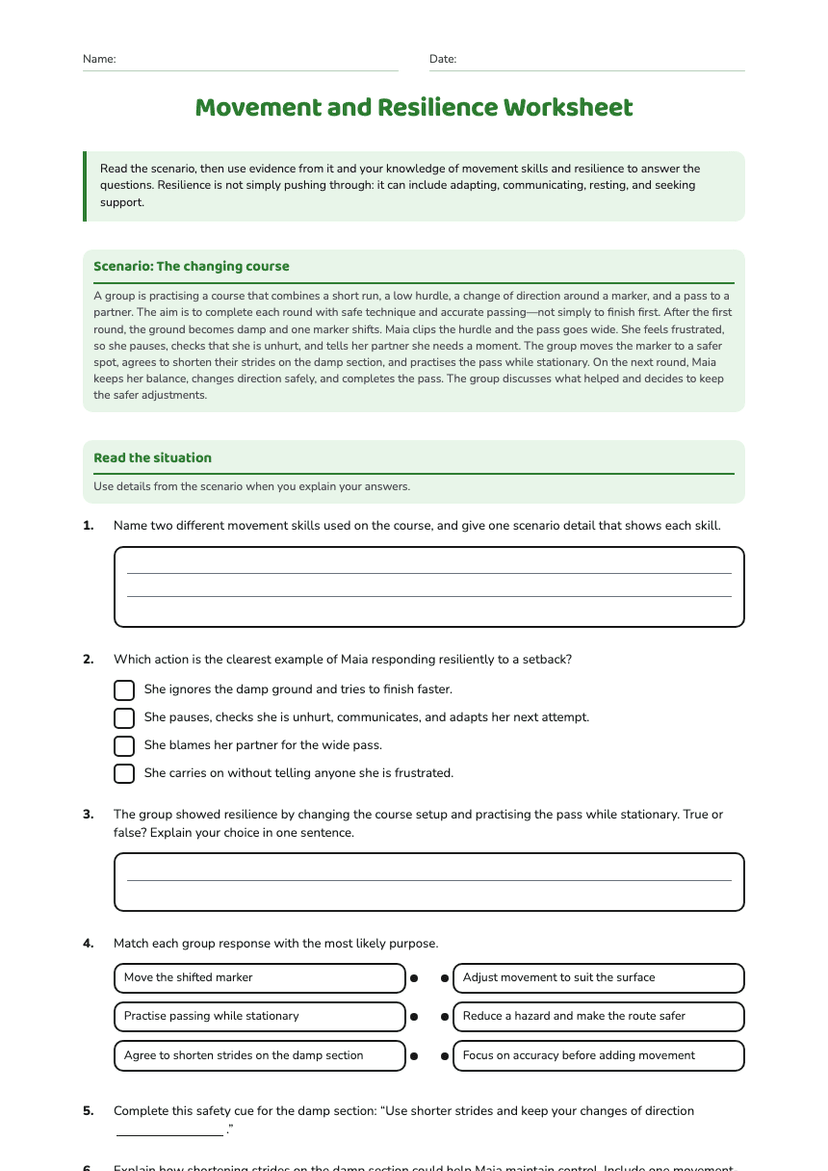 Movement and Resilience Worksheet