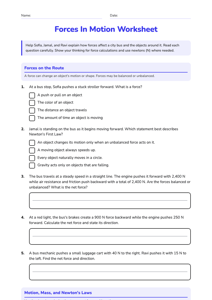 Forces In Motion Worksheet worksheet preview