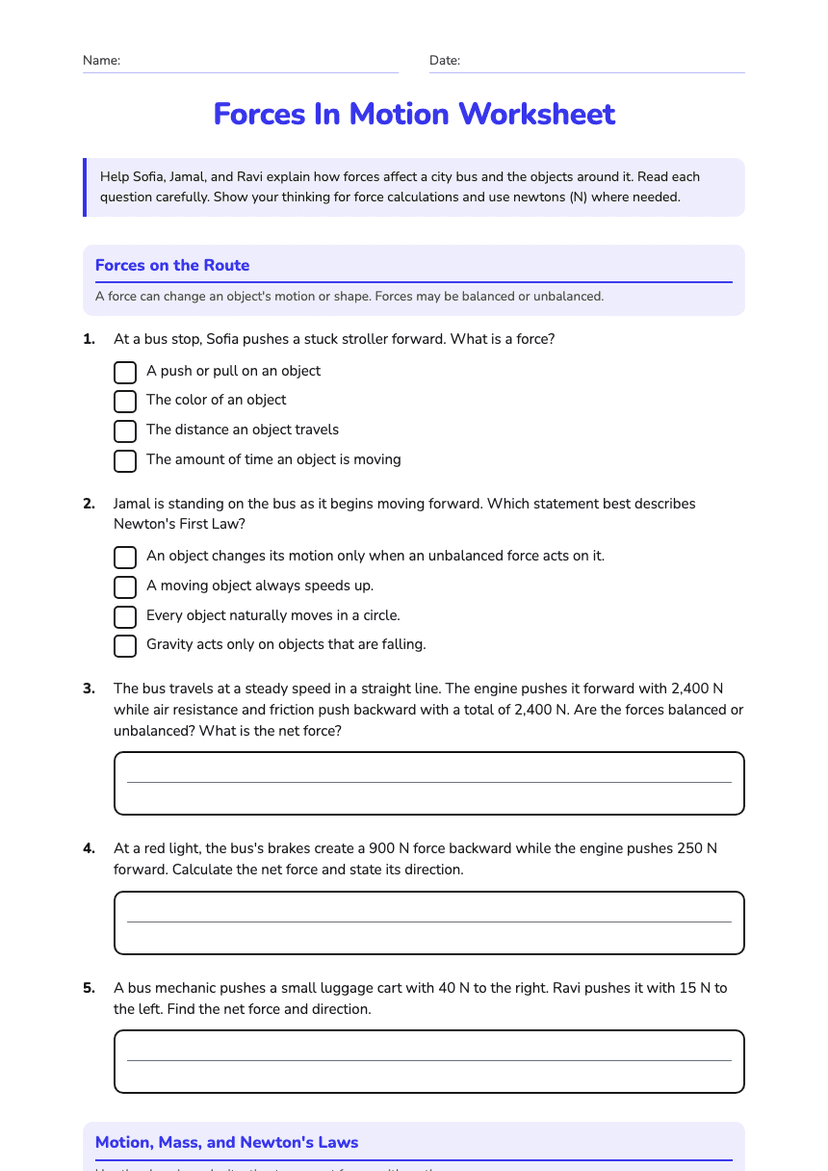 Forces In Motion Worksheet