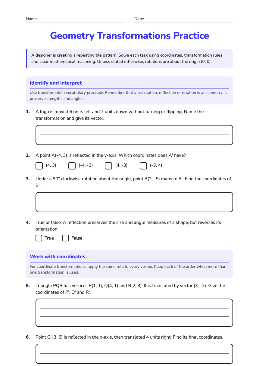 Geometry Transformations Practice worksheet preview