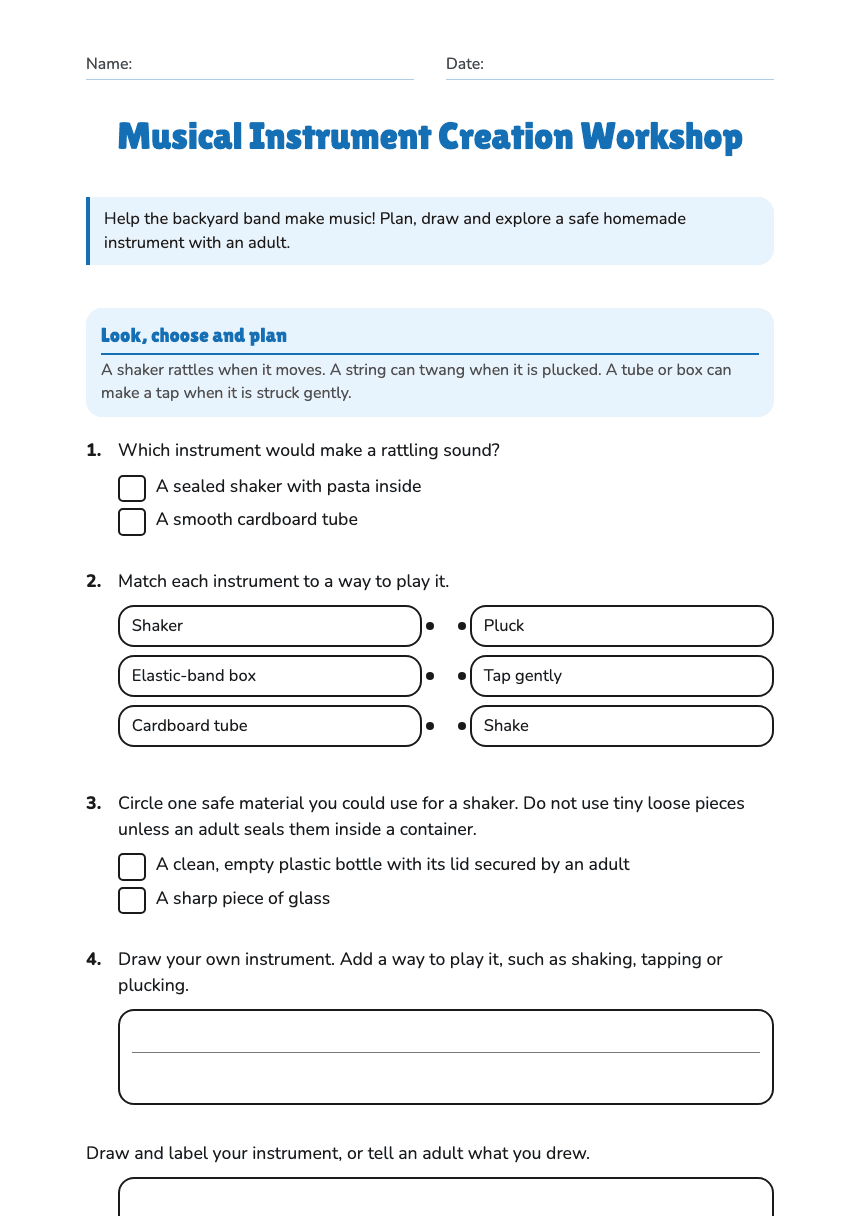 Musical Instrument Creation Workshop worksheet preview