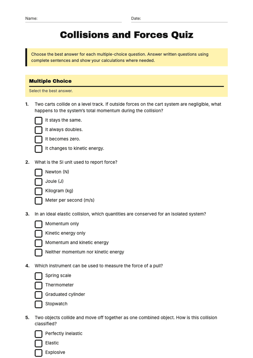 Collisions and Forces Quiz