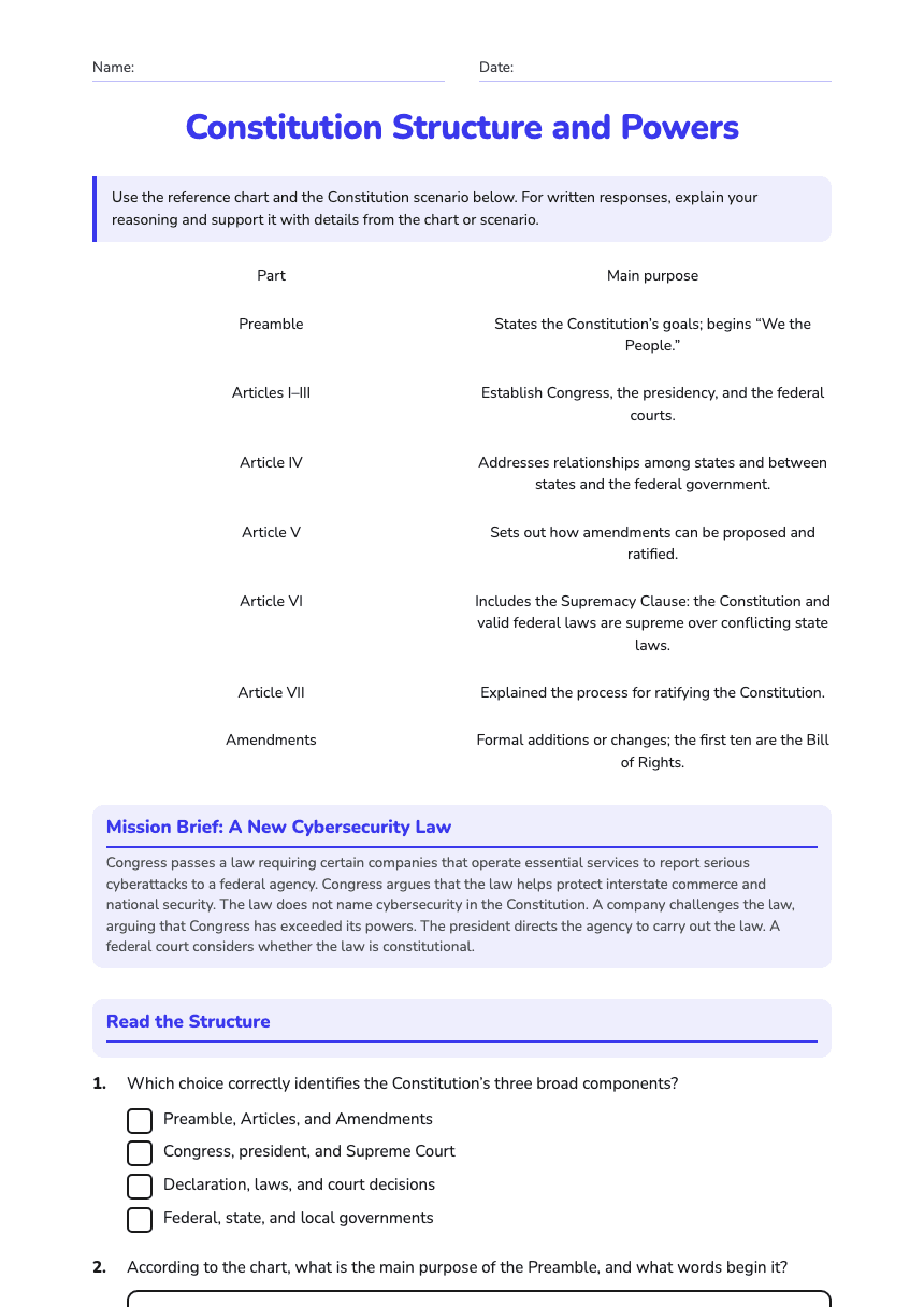 Constitution Structure and Powers worksheet preview