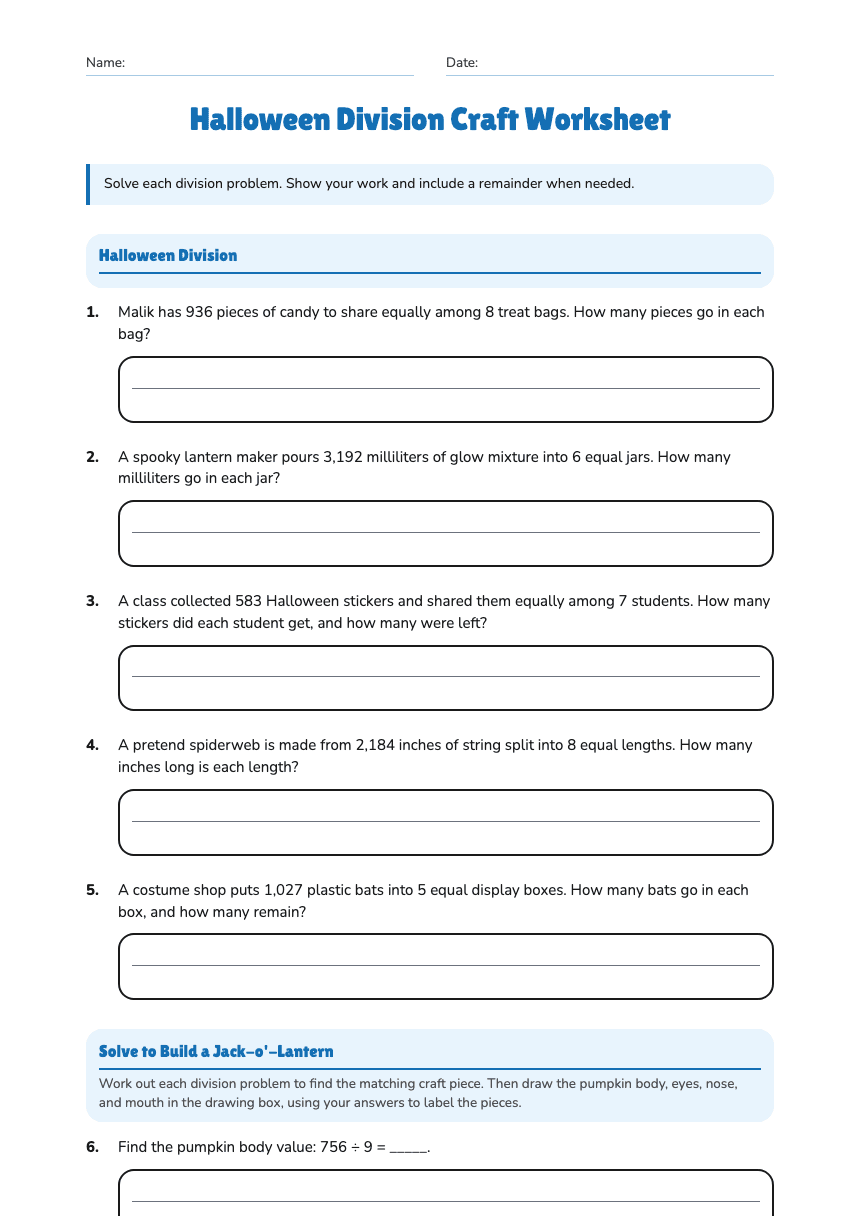 Halloween Division Craft Worksheet worksheet preview