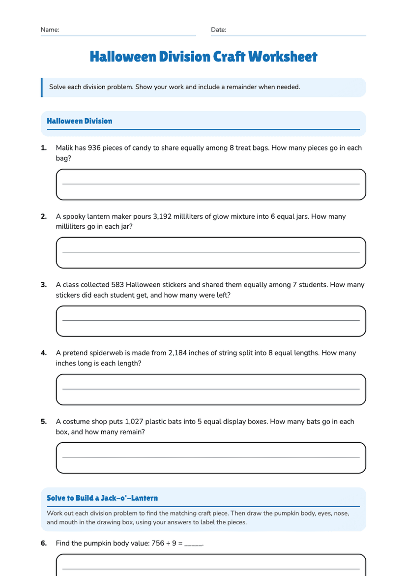 Halloween Division Craft Worksheet