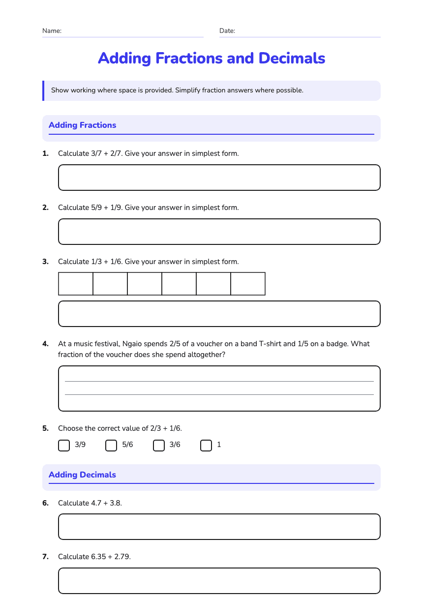 Adding Fractions and Decimals worksheet preview