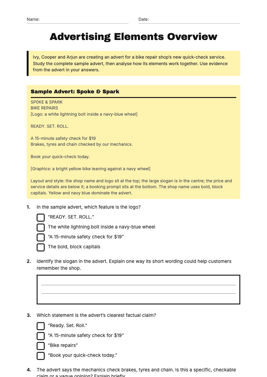 Advertising Elements Overview worksheet preview