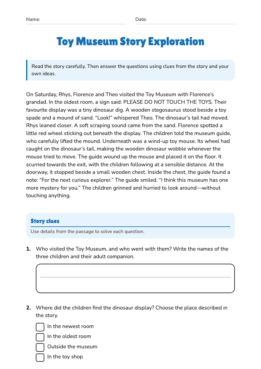 Toy Museum Story Exploration worksheet preview