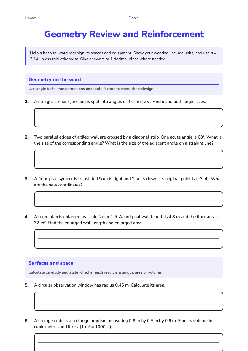 Geometry Review and Reinforcement worksheet preview