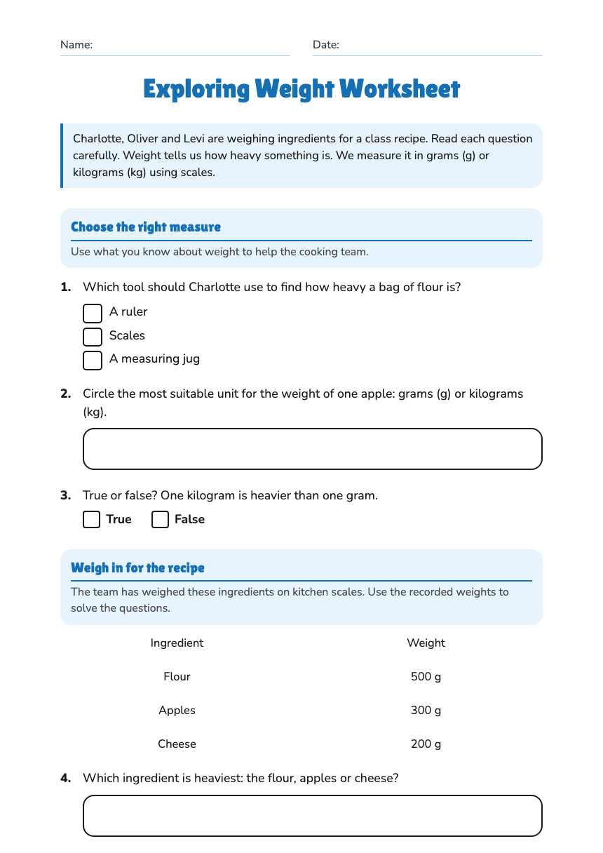 Exploring Weight Worksheet worksheet preview