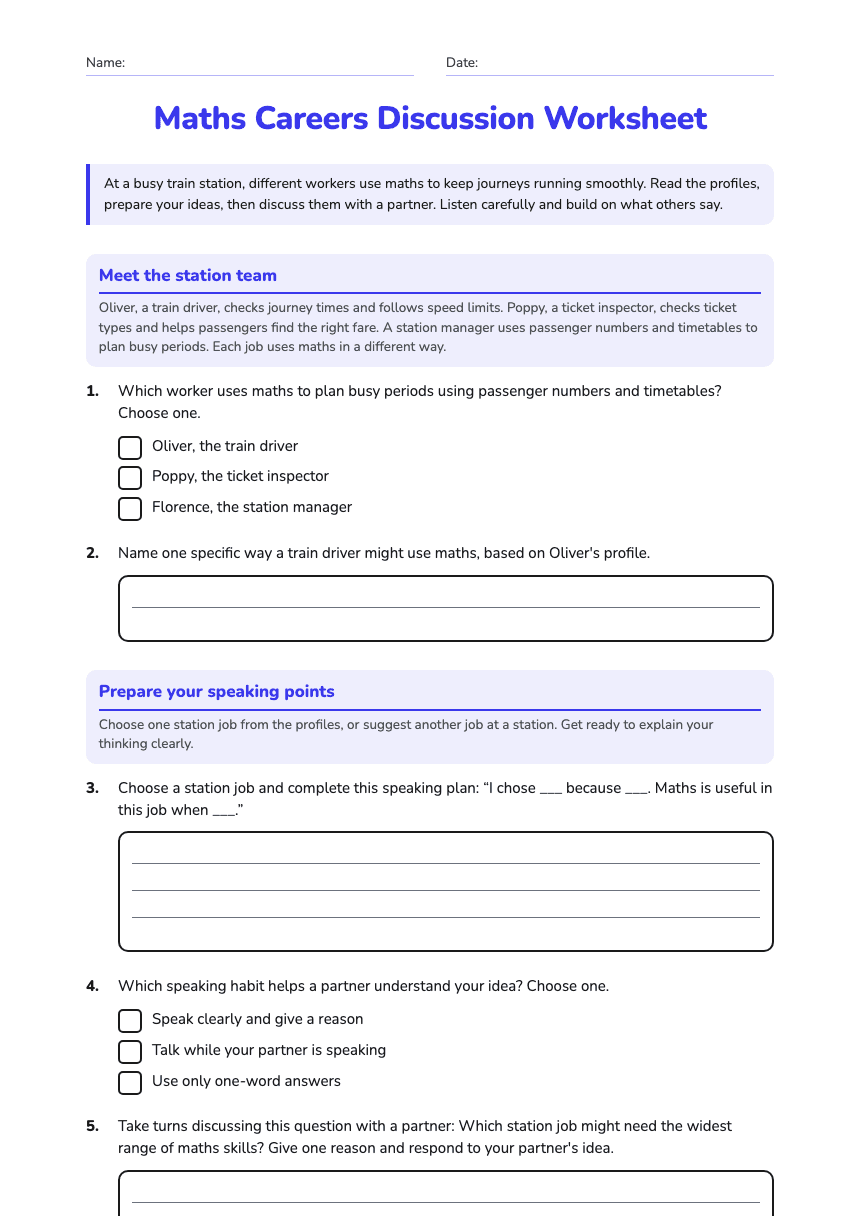 Maths Careers Discussion Worksheet worksheet preview