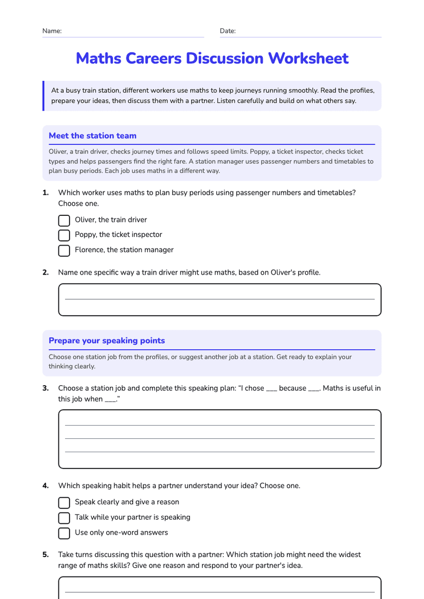 Maths Careers Discussion Worksheet