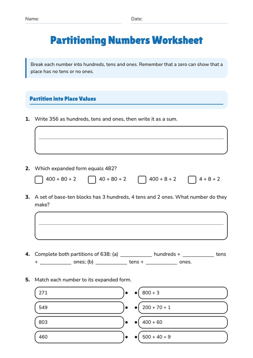 Partitioning Numbers Worksheet