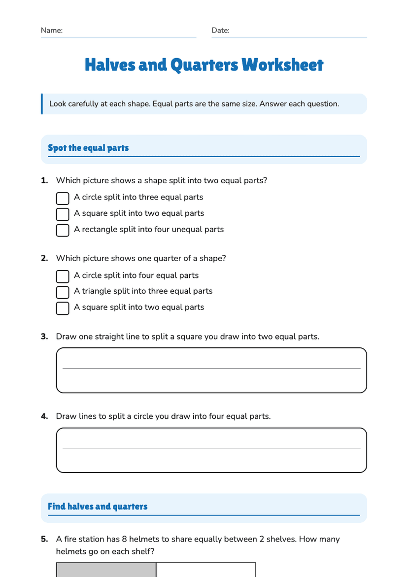 Halves and Quarters Worksheet