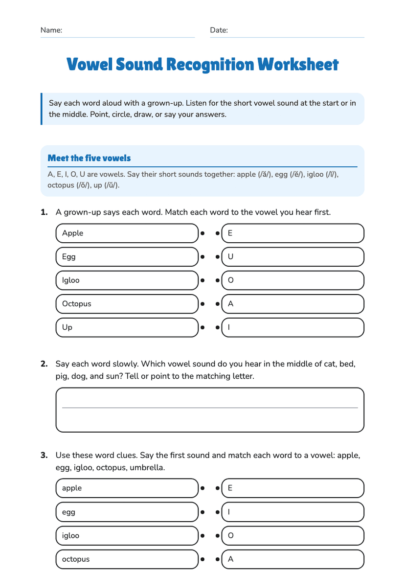 Vowel Sound Recognition Worksheet