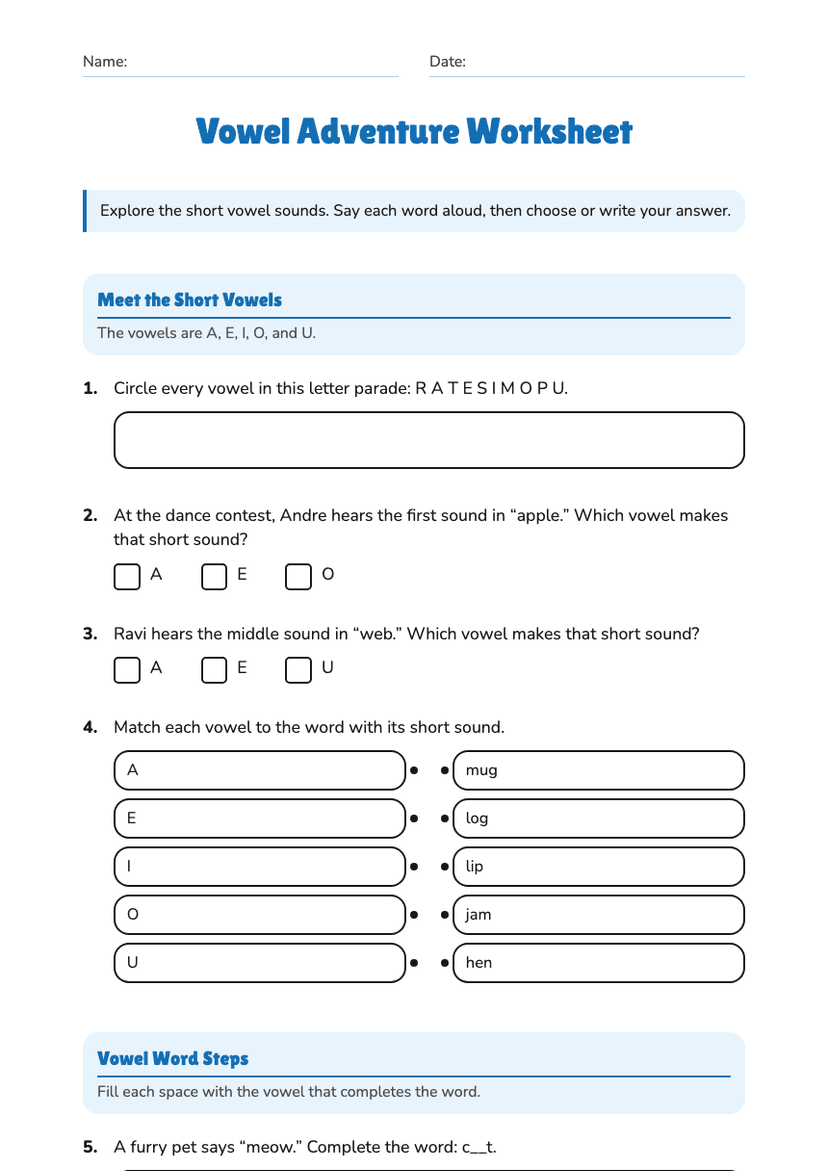 Vowel Adventure Worksheet