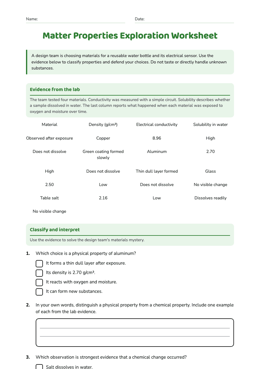 Matter Properties Exploration Worksheet worksheet preview
