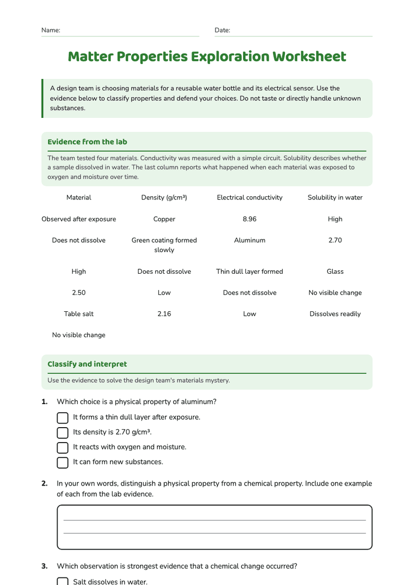 Matter Properties Exploration Worksheet