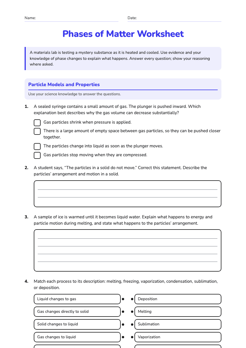 Phases of Matter Worksheet worksheet preview