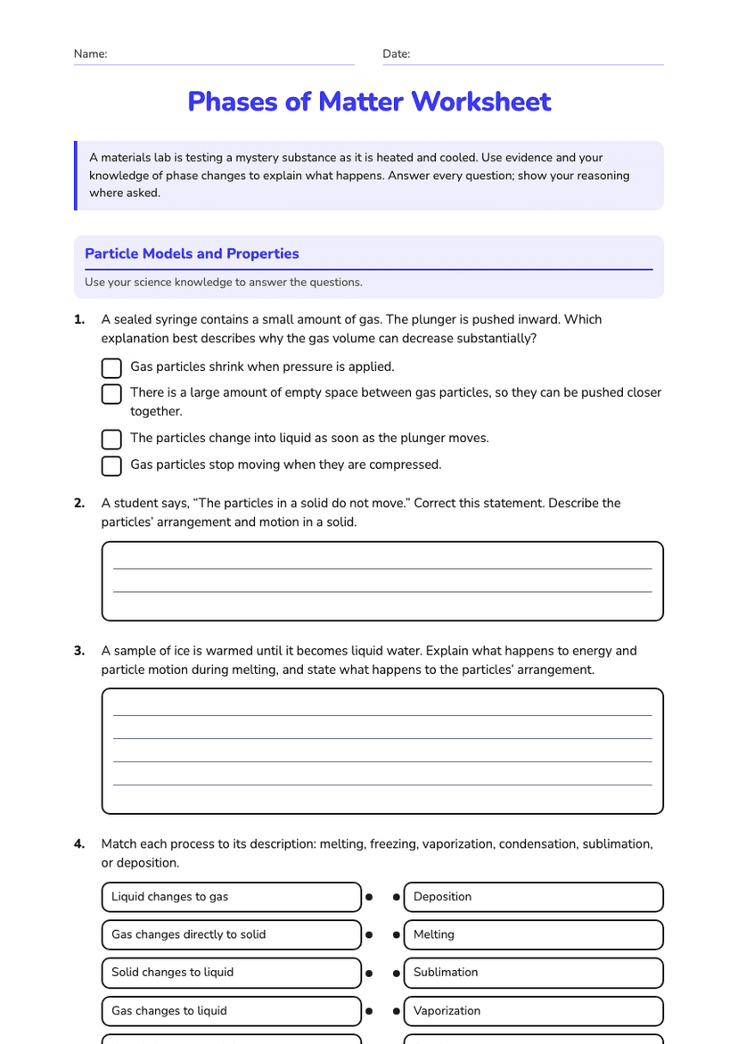 Phases of Matter Worksheet
